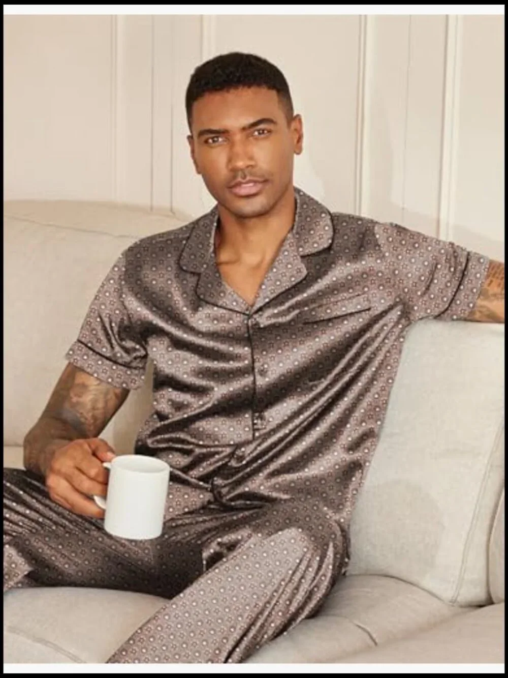 Men's Satin Pajama Set Short Sleeve Button Down Sleepwear Lounge Set